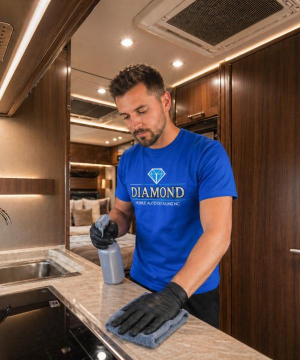 Professional detailer cleaning the countertop inside a luxury RV interior in Raleigh, NC