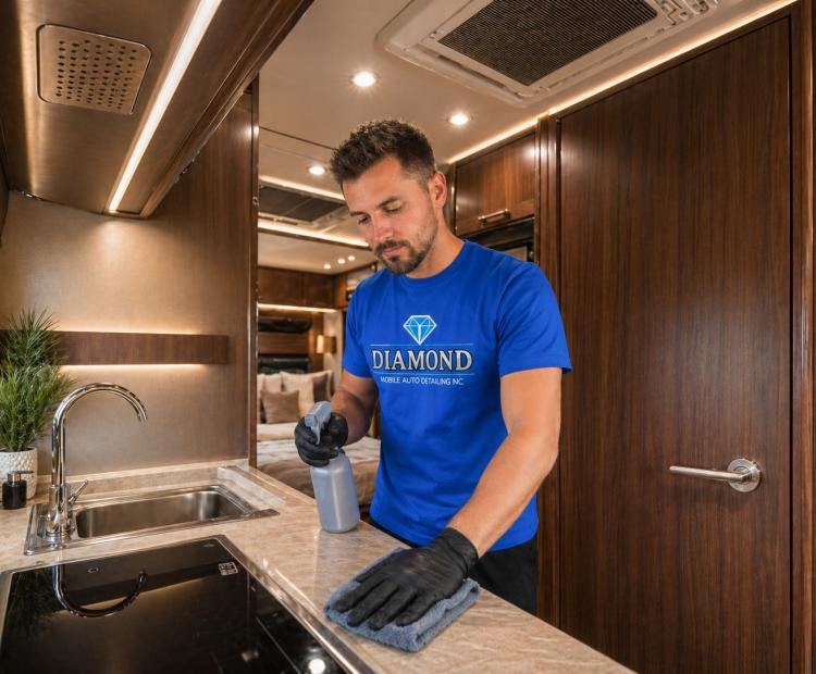 Professional detailer cleaning the countertop inside a luxury RV interior in Raleigh, NC